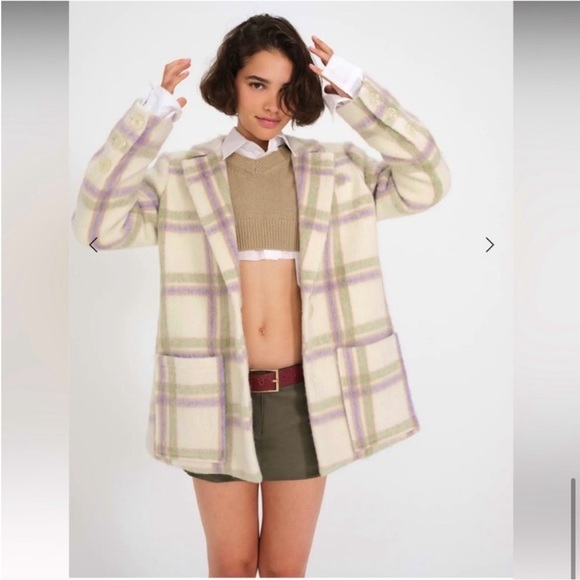 For Love And Lemons Size Large Cream Pastel Plaid Oversized Blazer Pea coat L - Picture 4 of 14